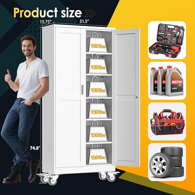 75''H Metal Garage Storage Cabinet with Wheels,Steel File Cabinets with 2 Doors and 5 Adjustable Shelves for Home Office, Warehouse, Required Assembly,White