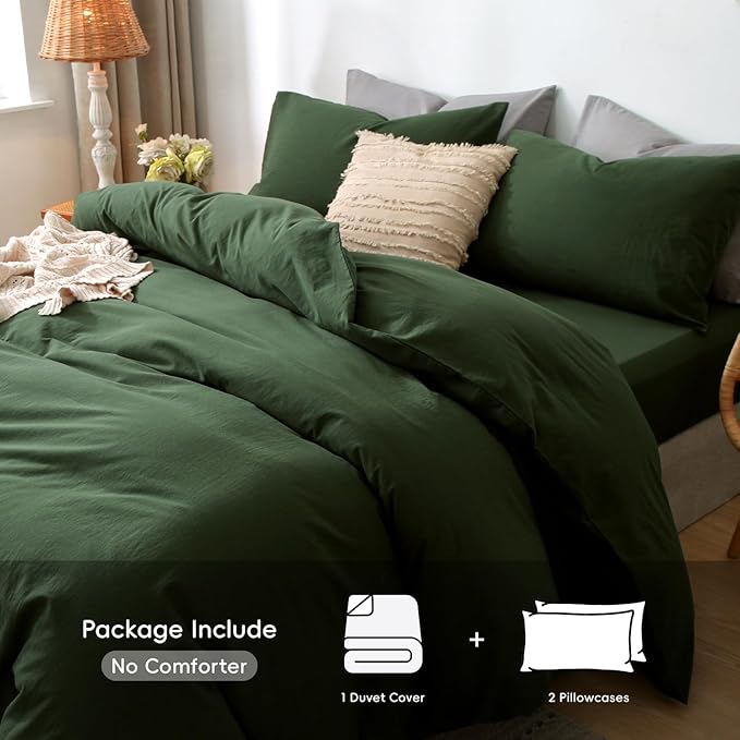 MooMee Bedding Duvet Cover Set 100% Washed Cotton Linen Like Textured Breathable Durable Soft Comfy (Solid Forest Green, Cal King 104"x98")