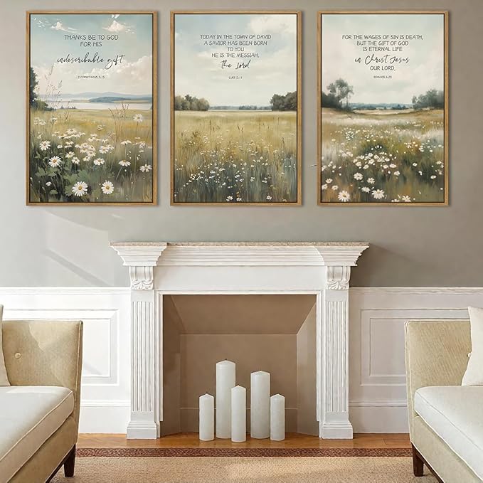 Anyzal Large Christian Framed Wall Art 16x24 Inch Bible Scripture Canvas Wall Decor Easter Farmhouse Wildflower Paintings Set of 3 for Living Room Bedroom Dining Room