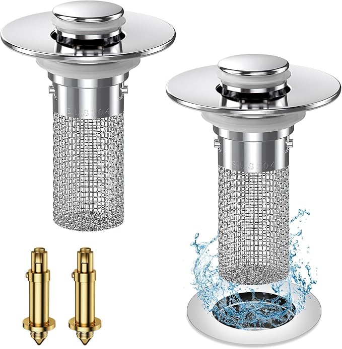 2PC Bathroom Sink Stopper Hair Catcher, Pop Up Sink Drain Filter with Removable Stainless Steel Filter Basket Hair Catcher, for US Bathroom Sink Stopper Replacement.