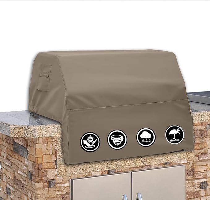 Covers & All Built-in Grill Cover for Outdoor Grill – Heavy Duty 12 oz Waterproof Built-in BBQ Grill Cover, PVC-Coated Polyester with Elastic Hem for Snug Fit (36 x 26 x 14 inches, Beige)