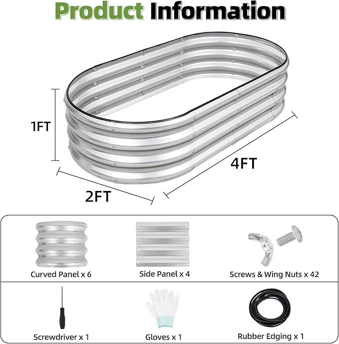 G GOOD GAIN Galvanized Metal Raised Garden Bed Kit - 4x2x1FT Outdoor Planter Box with Safety Edging and Gloves for Vegetables, Fruits, Flowers(Silver, 2PC)