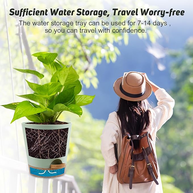 YNNICO 8-Inch Plant Pots, Self-Watering Planters with Drainage Holes & Saucers for Indoor and Outdoor Plants (2-Pack, Green)