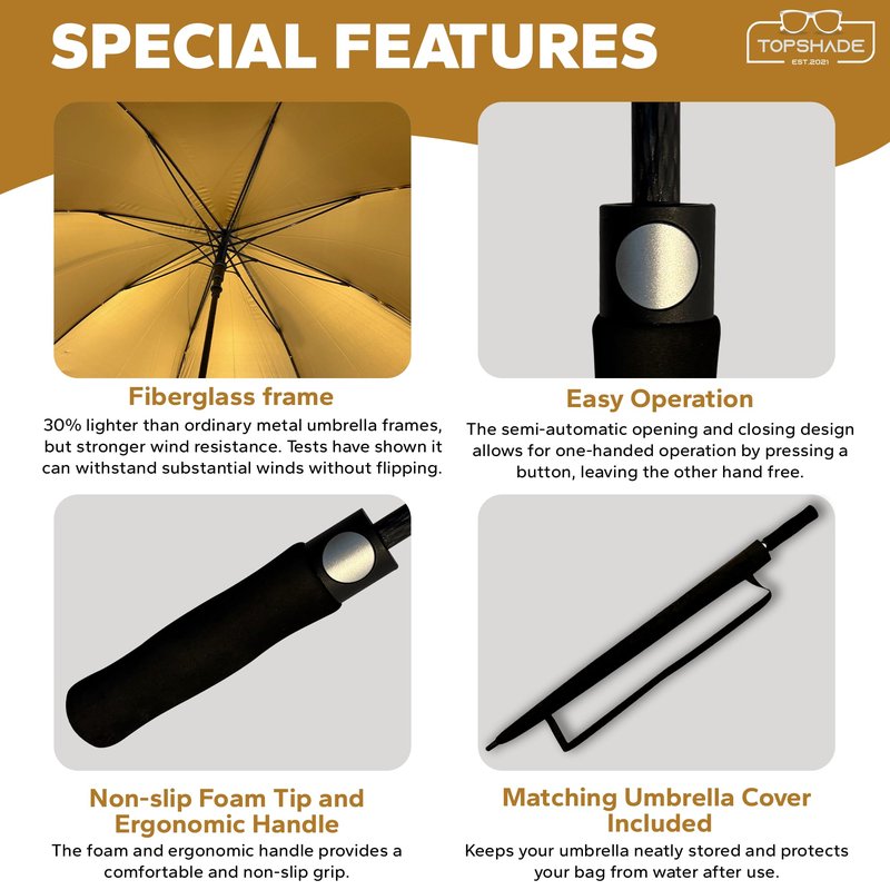 TopShade Golf Umbrella 60 Inch - Large 52-Inch Diameter Single Canopy, Wind Resistant Fiberglass Frame, Gold UV Protection, Auto Open - Black/Gold