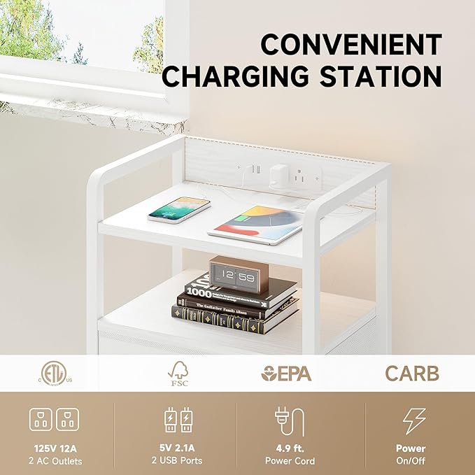 Night Stand Bedside Charger Bedroom - Nightstand with Charging Station, Bed Side Table with LED Light Strip, End Table with U-S-B Ports & AC Outlets, Storage Shelf & 3 Fabric Drawers, White