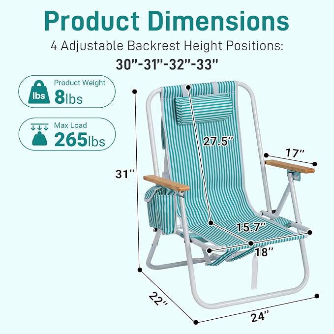 Outvita Folding Beach Chair, 4 Position Adjustable Reclining Lounge Chair with Padded Headrest, Large Rear & Side Storage Pockets, Lightweight Portable Outdoor Chair for Beach Pool Garden BBQ