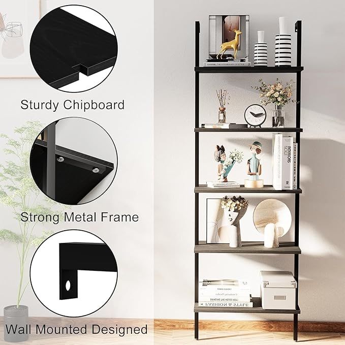 aboxoo Ladder Shelf Open 5-Tier Bookshelf Wall-Mounted Black Wood Bookcase