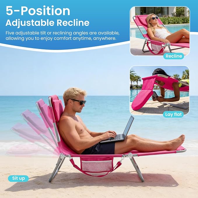 DUMOS Lounge Chair Outdoor, Beach Tanning Chair with Face Hole, Pink | 5-Position Adjustable Sunbathing Tanning Chair, Foldable Portable Chaise Lounge by Pool Patio Lawn Camping Reading, Arm Hole