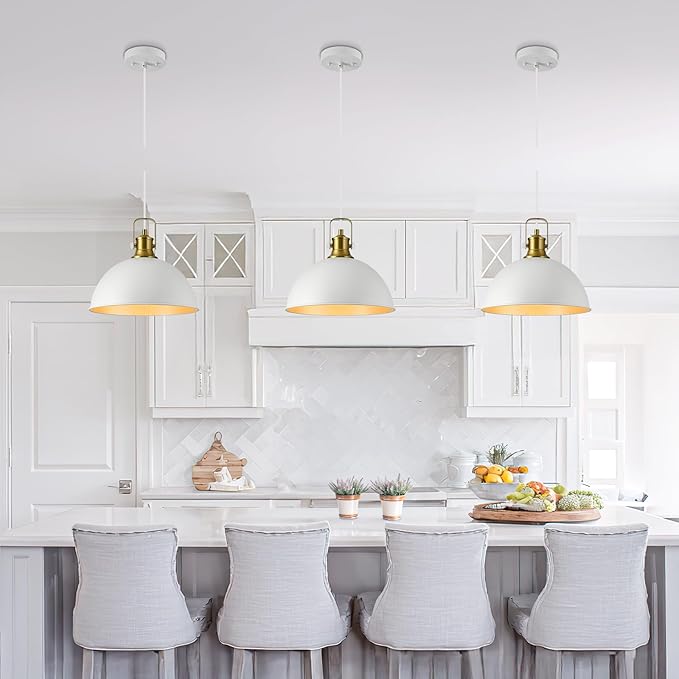 12 Inch White Farmhouse Pendant Lights for Kitchen Island Industrial Haning Lamp Adjustable Height Vintage Dome Hanging Light Fixtures for Barn, Dining Room