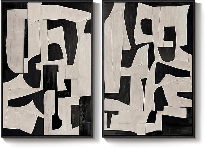 Framed Black and Beige Abstract Wall Art, 2 Piece Canvas Prints Paintings
