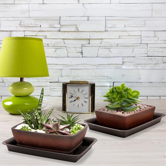 2 Pack Ceramic Bonsai Pots with Drainage Tray, 6" and 7" Unglazed Rectangle Bonsai Tree Planters, Bonsai Training Pots, Succulent Cactus Planter with Drainage Hole for Outdoor Indoor, Brown