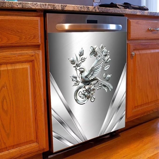 Dishwasher Magnetic Sticker Kitchen Decorative,Stainless Steel Design Bird andd Flower Pattern Fridge Door Panels,Refrigerator Magnetic Cover,Front Panel Replacement Cover 23W x 26H inchs