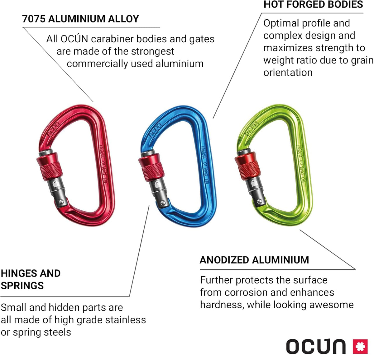 Ocun Hawk Carabiner with Screw Lock, 3-Pack for Rock Climbing, Multipitching and Belaying