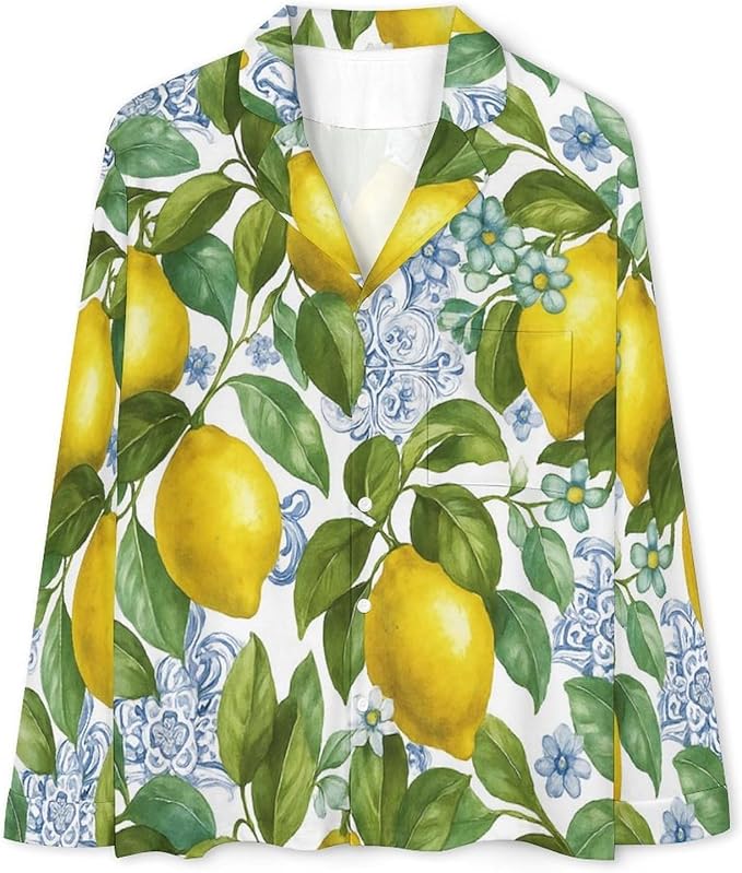 Lemons Leaves Ceramic Style Womens Pajama Set Long Sleeve Pajamas Top And Pants Soft Loungewear Pjs Sets