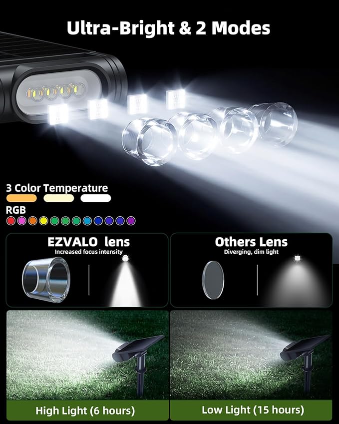EZVALO Solar Spot Lights Outdoor with Remote, Solar Spotlights Waterproof IP67, 3 Color Temps & RGB Color Changing Solar Lights for Outdoor Yard Garden Plant Trees Pathway (4 Pack)