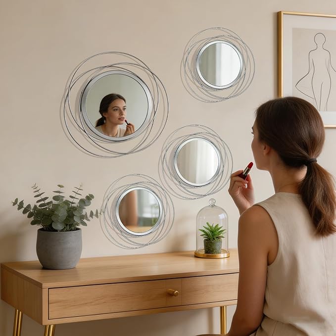4 Piece Gold Round Wall Mirror Set Modern Metal Circle Home Decor