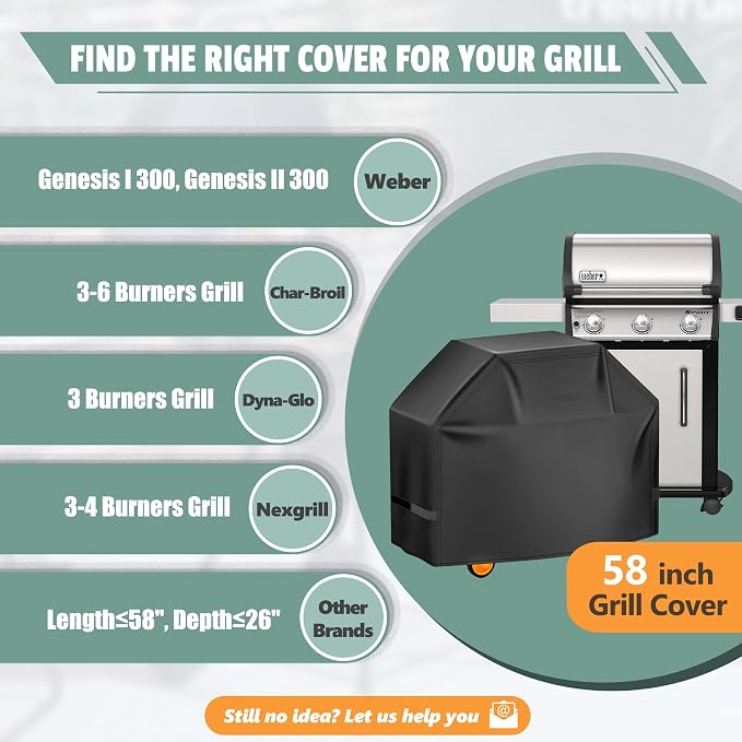 Grill Cover 58 Inch - Superior BBQ Cover for Weber Genesis 300 Series Grill - 600D Outdoor Grill Cover for Dyna-glo, Char-Broil, Nexgrill, Monument, Weber Genesis E330 and Genesiss II E310