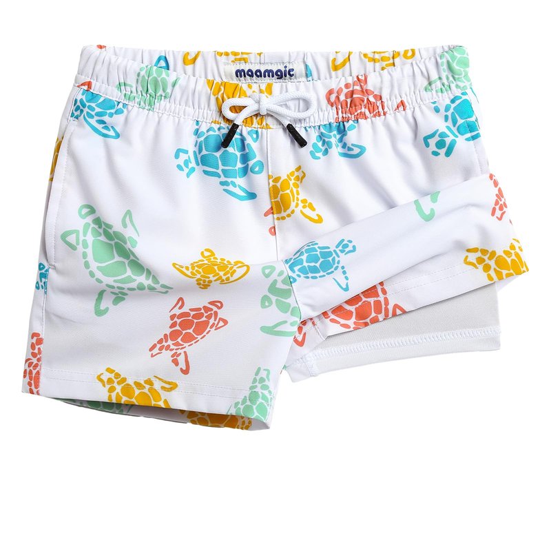 maamgic Boys Swim Trunks with Compression Liner Toddler Stretch Swim Shorts Quick Dry Swimming Trunks Boxer Brief 2 in 1 Beach Shorts White Colorful Turtles 2T