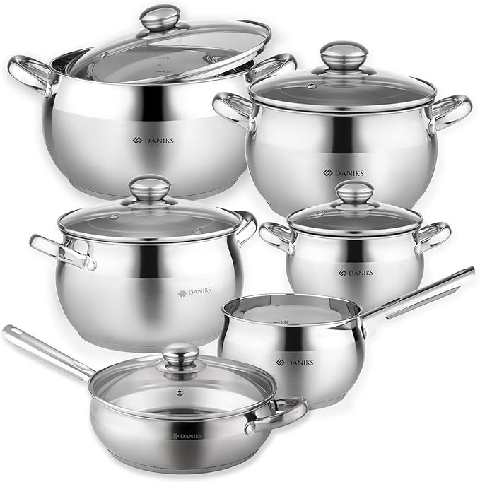 Daniks Classic Frying Pan Included, 11-Piece Stainless Steel Induction Cookware Set, Dishwasher Safe Pots and Saucepan, Glass Lids, Measuring Scale, For Soup, Pasta, Stew, Silver