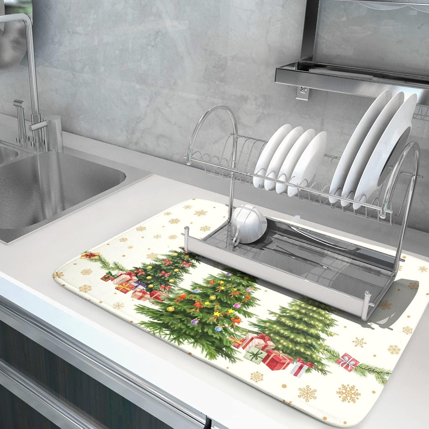 Merry Christmas Dish Drying Mats for Kitchen Counter 16x18 Inch Christmas Tree Dish Drainer Mats Dry Pad Xmas Forest Drying Mat for Dish Christmas Decorations for Kitchen Countertop Tableware Decor