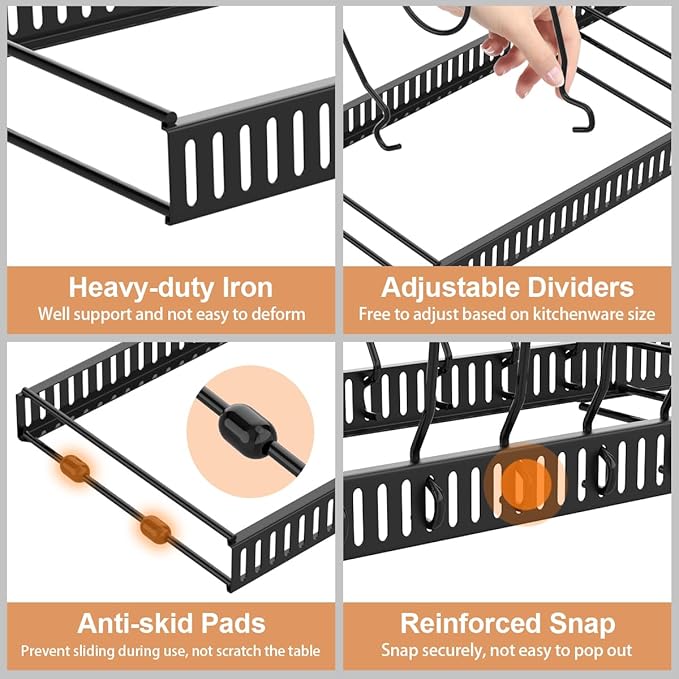Housolution 2 Pack Pot and Pan Organizer Rack, 12"-23" Expandable Pot Lid Organizer with 14 Adjustable Dividers, Pan Holder Storage Rack for Kitchen Cabinet, Black