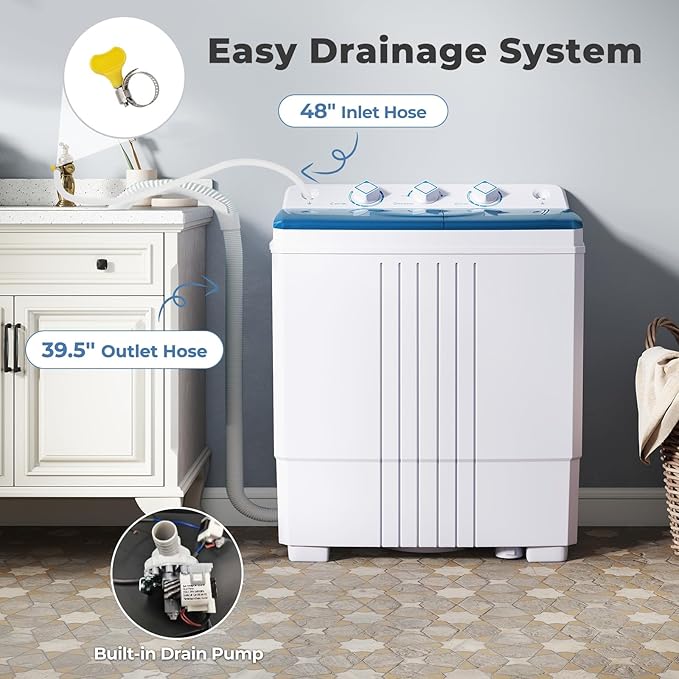 Giantex Portable Washing Machine, 20 LBS Washer & Spinner Combo with Built-in Drain Pump & Time Control, Compact Twin Tub 12 LBS Washing & 8 LBS Spin Drying for Apartment Dorm RV (Blue+White)
