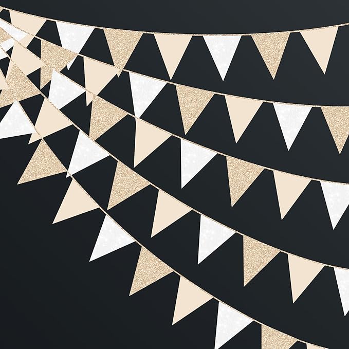 Champagne Gold Beige White Party Pennant Banner Flag Hanging Glitter Paper Triangle Bunting for Birthday Baby Shower Graduation Wedding Engagement Bridal Shower Holiday Baptism Party Decorations
