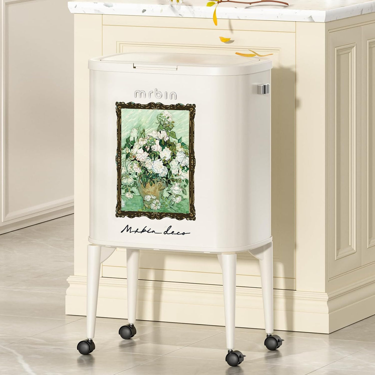 MRBIN Metal Kitchen Trash Can with Wheel Legs, 36L / 9.5gal Medium Press Lid Slim Removable Waste Basket, Pet Proof Tall Narrow Garbage Pail for Vanity, Bedroom, Bathroom, Living Room, White Rose