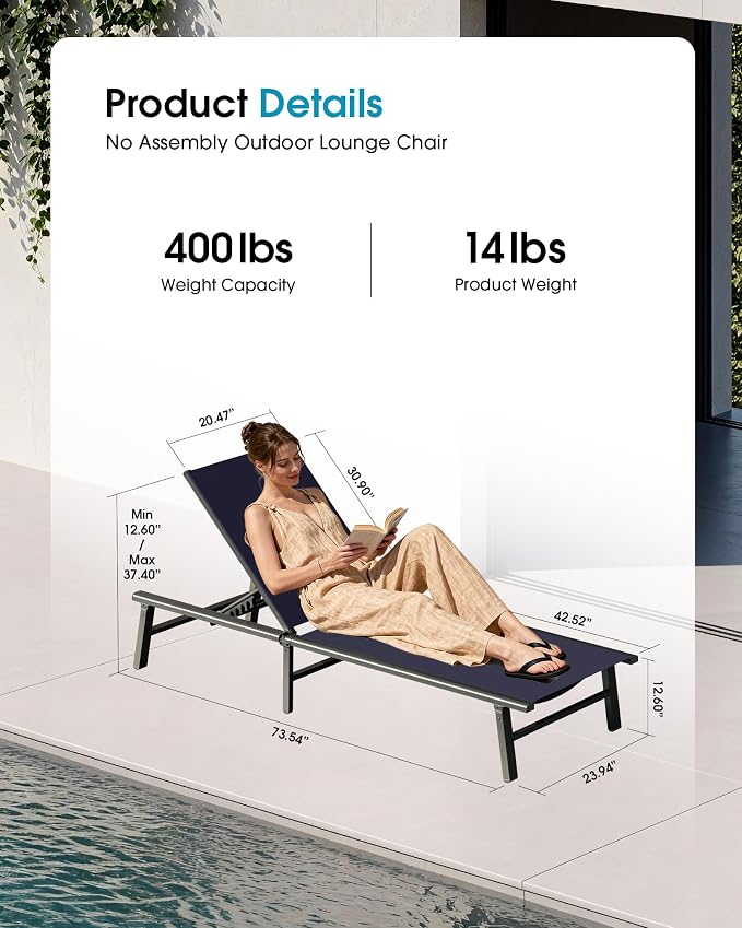 Ciokea Foldable Outdoor Lounge Chair Set of 2, No Assembly Aluminum Chaise Lounge Outdoor with 5 Adjustable Positions, Pool Lounge Chairs with Portable Design for Pool, Deck, Beach, Patio (Navy Blue)