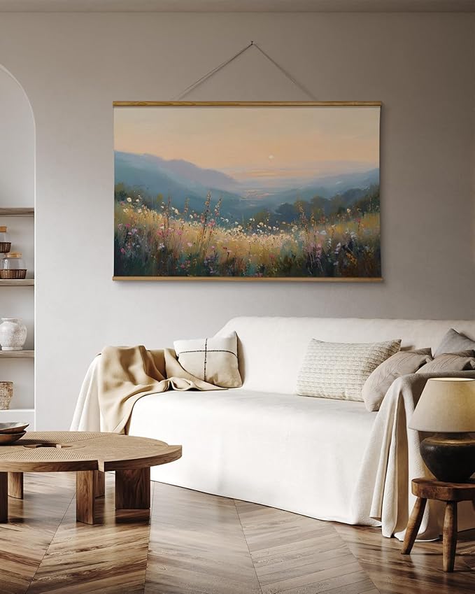 VIYYIEA Extra Large Size Canvas Wall Art, 36x54 Inch Sunset Mountain Valley with Wildflowers Scroll Painting, Oversized Landscape Wall Hanging for Living Room, Bedroom, or Cabin Decor