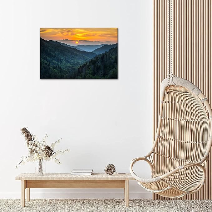Forest Sunrise Wall Art Decor Great Smoky Mountains Photo Prints National Park Landscape Canvas Painting Artwork Framed for Bedroom Living Room (28x44 inch)
