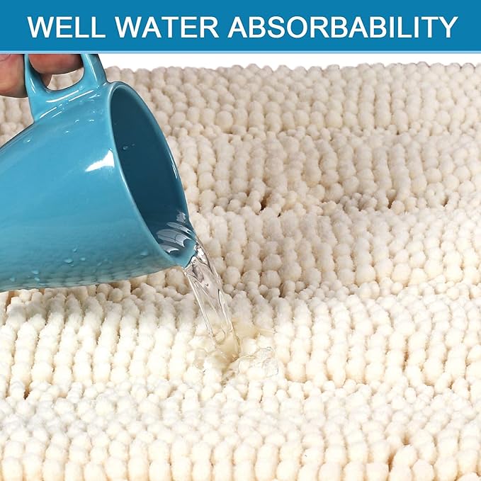 H.VERSAILTEX Bathroom Rugs Bath Rugs for Bathroom Non Slip Bath Mats Extra Thick Chenille Striped Rug 17" x 24" Absorbent Soft Shaggy Washable Dry Fast Bath Mats for Bath Room Floor - Ivory