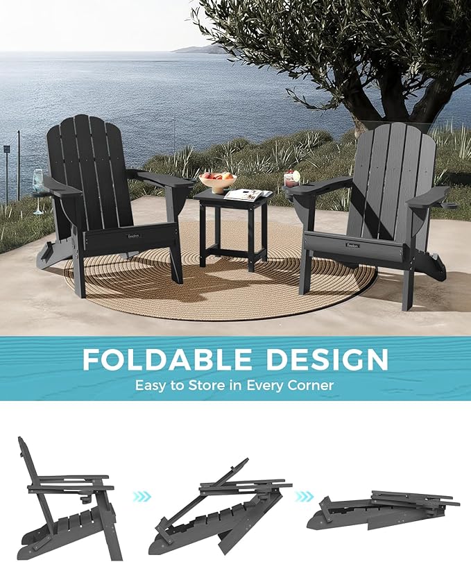 Folding Adirondack Chairs Set of 2,All-Weather HDPE Fire Pit Chair with 2 Cup Holders, Plastic Outdoor Chair for Patio Deck Garden Lawn, Dark Grey