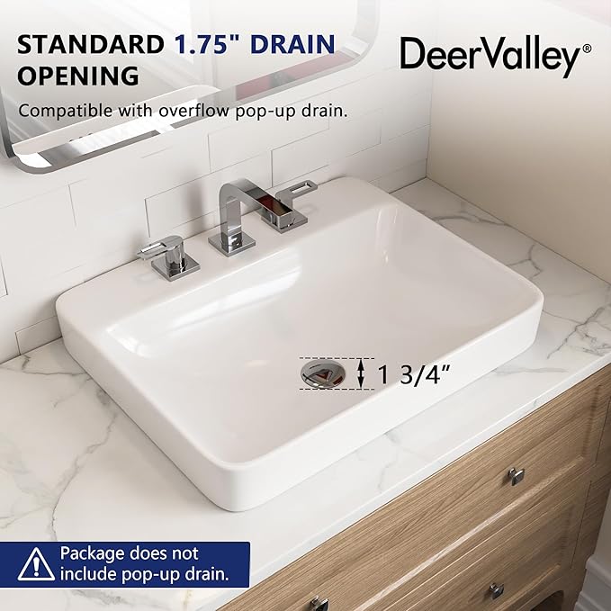 DeerValley 24x19 Inch Rectangular Drop-in Bathroom Sink, White Semi Recessed Vessel Sink with Overflow and Three Faucet Holes, Ceramic Vanity Basin, DV-1DS0121