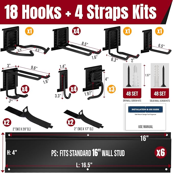 99" Garage Tool Organizer Wall Mount, 28 Pack Heavy Duty Wall Mount Garage Storage Rack Carries1000 lbs, Metal Wall Mount Tool Hanger for Shovels, Rakes, Fits 16" Wall Studs (6 Panels)