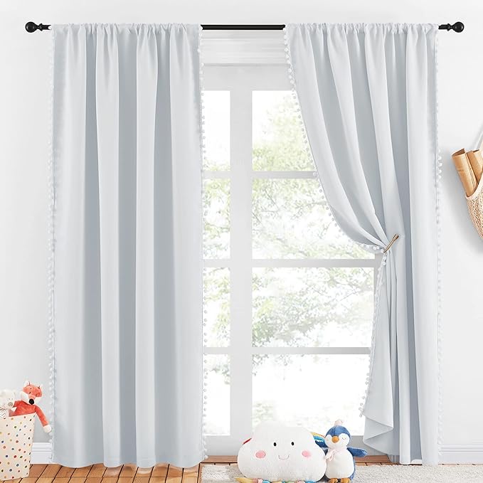 NICETOWN Pom Poms Trimming Blackout Curtains, Farmhouse Blackout Window