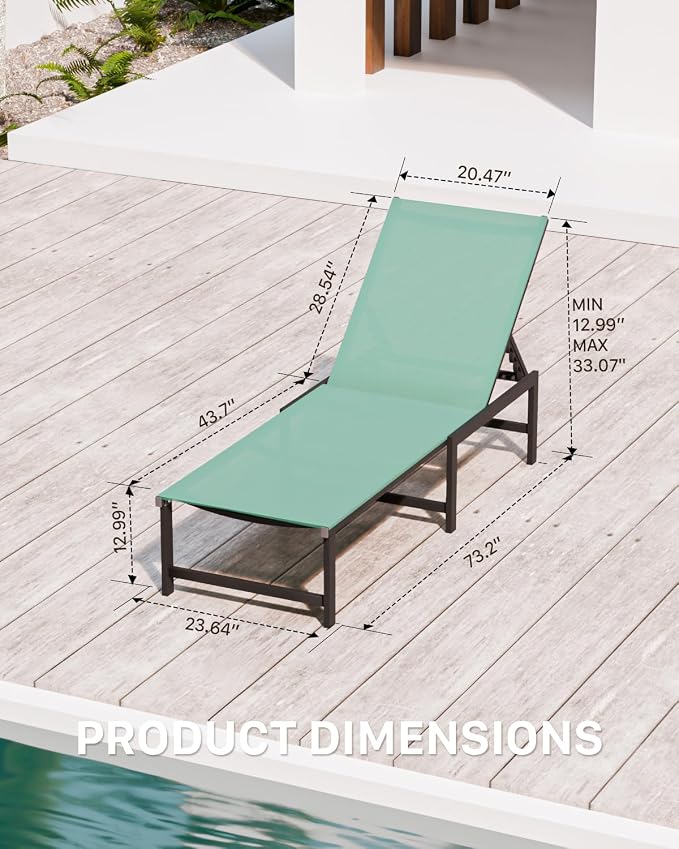 Patio Lounge Chair, Aluminum, 5 Adjustable Backrest,2 Piece,Green | Lightweight rustproof aluminum.5 adjustable backrest positions.Breathable quick-dry fabric.For poolside,beach,lawn,backyard.