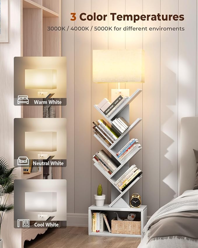 Evermagin 6 Tier Tree Bookshelf with Light, Narrow Bookcase Tower, Tall Floor Standing Book Shelf Organizer with Storage Cabinet for Living Room, Bedroom and Home Office, White