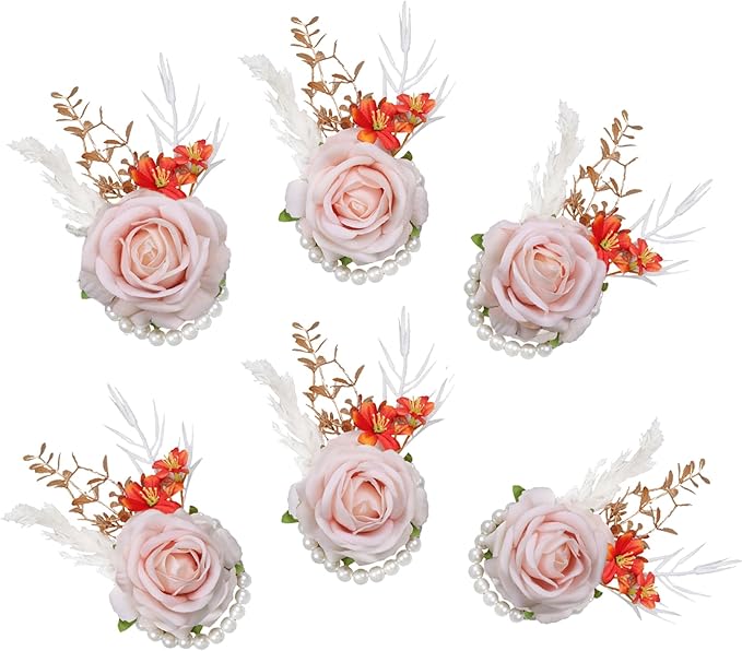 Meldel Pink Velvet Rose Wrist Corsage, Set of 6, Wedding Bridal Flower Corsage Hand Decor for Prom Party Homecoming, Wristband Flowers Bride, Bridesmaid, Girl,Mother of The Bride Corsage