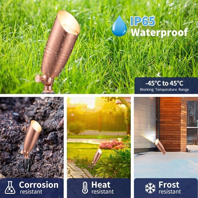 Brass Landscape Lighting - Low Voltage Spotlights Outdoor LED, 12V Wired Uplights, Waterproof Spot Lights, Copper for Outside Trees with 5W 5000K Daylight MR16 Bulb (4 Pack)