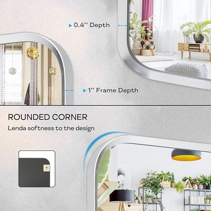 Wall Mount Mirror for Bathroom, Brushed Silver Metal Framed Rounded Corner
