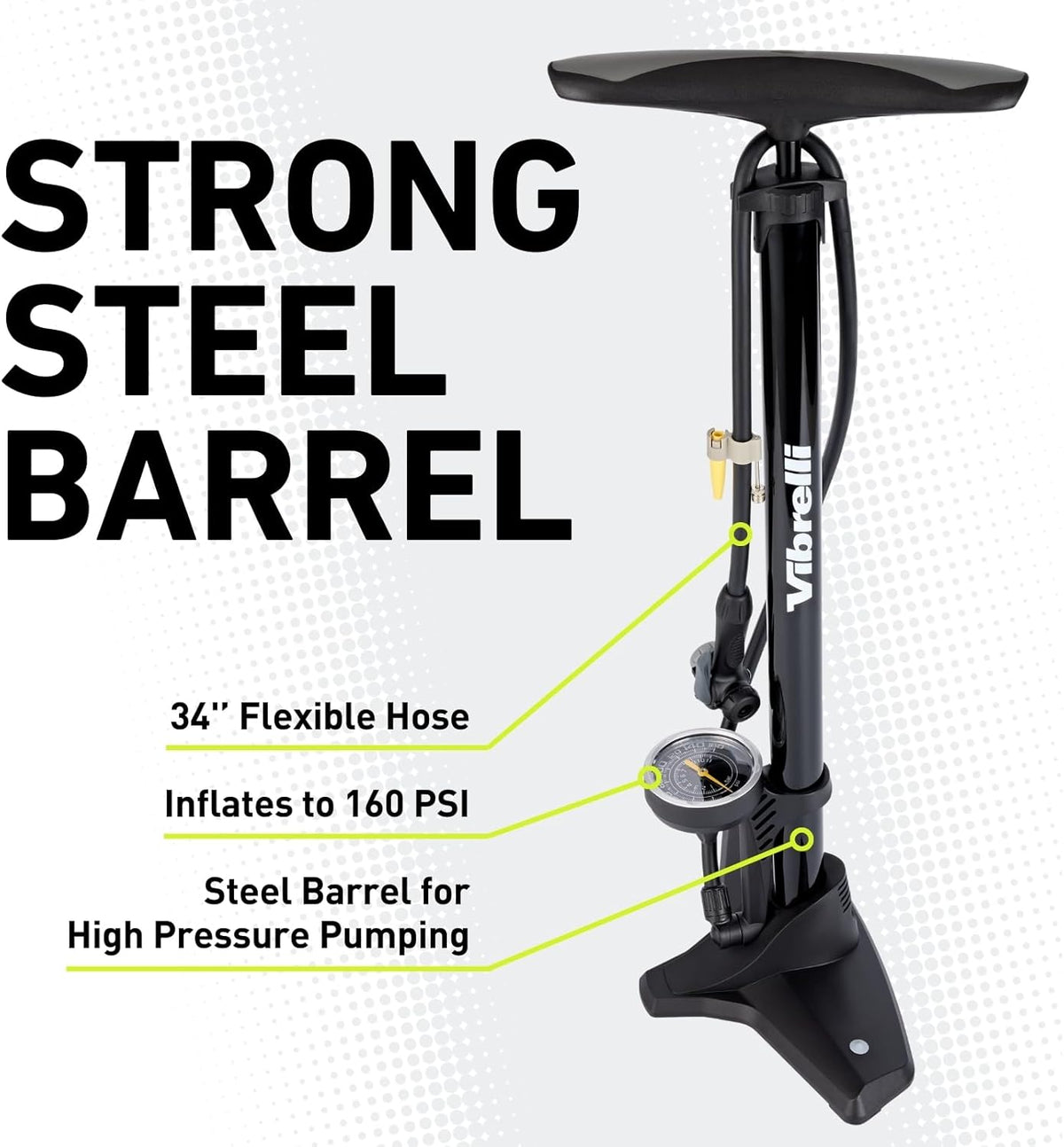 Vibrelli Bike Floor Pump with Gauge - High Pressure 160 PSI, Presta & Schrader Compatible + Glueless Puncture Kit
