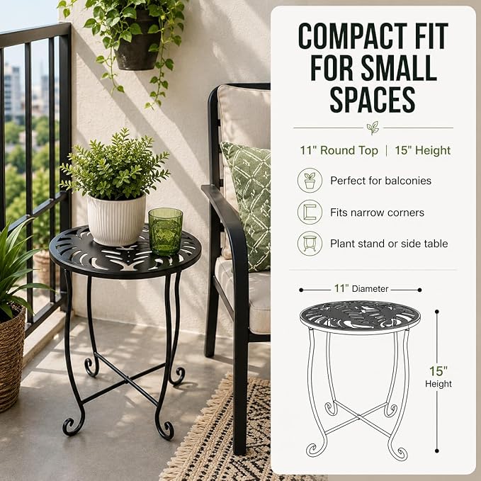 Outdoor Side Tables 2 Pack, 15" Height Tool-Free Metal Patio End Table with Monstera Pattern, Compact Space Saving Plant Stand for Balcony Porch Deck, Weather Resistant, Black