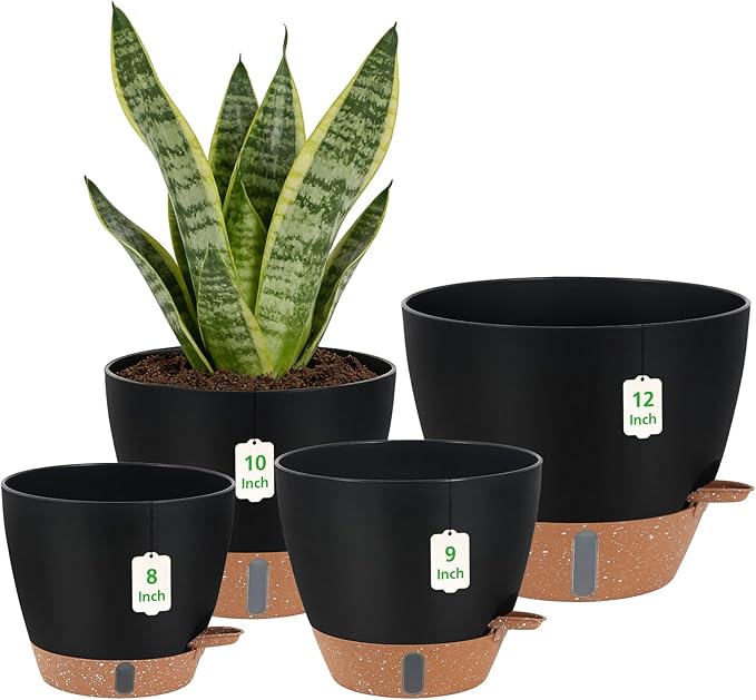 Self Watering Planters Set with Water Level Indicator, 12" 10" 9" 8" Large Plastic Flower Pots with Mesh Drainage Hole and Removable Saucer Reservoir for Indoor Outdoor Plants 4pcs （Black