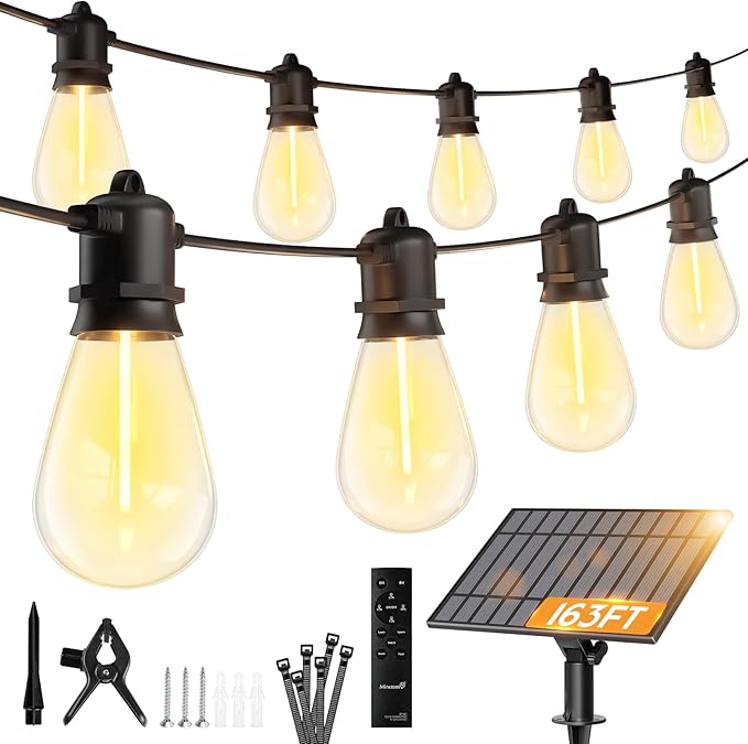 Minetom 163FT Solar String Lights Outdoor Waterproof, 52 LED S14 Shatterproof Bulb, Patio Lights with Remote Type-C Port Timable, 3 Light Modes Dimmable Solar String Lights for Outside, Yard, Camping