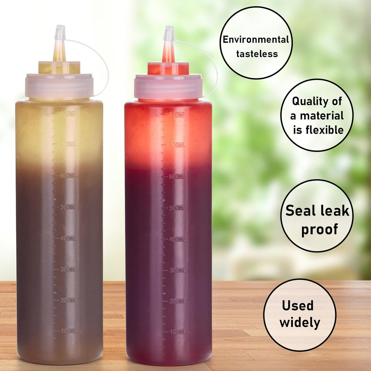 Squeeze Bottles for Sauces 2 Pack, 27 Ounce 800ml Plastic Dressing Squirt Bottles with Cap Lids, Condiment Bottle for Liquids BBQ Dressing Pancake Art Dispenser
