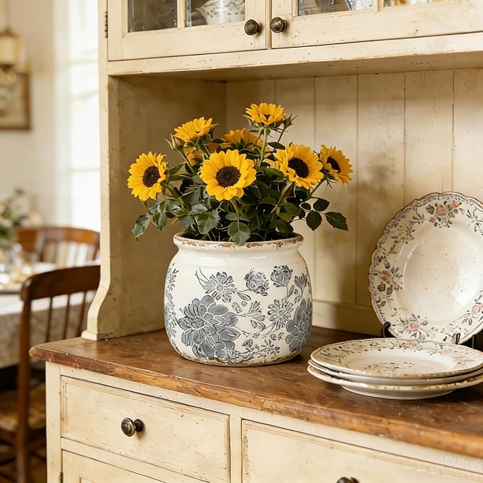 Flower Pots Planters for Indoor Plants Ceramic Plant Pots with Drainage 6.1 Inch Vintage Ceramic Pots for Plants Outdoor Home Garden Decor, Vintage Gray Bloom