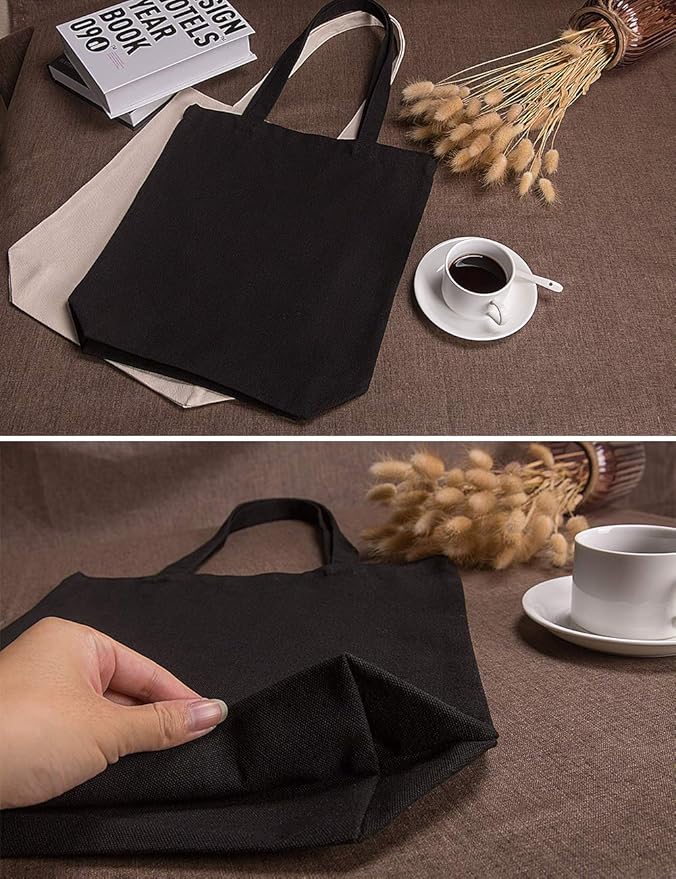 Lily queen Natural Canvas Tote Bags DIY Reusable Shopping Grocery Bag (Black - 12 Pack)