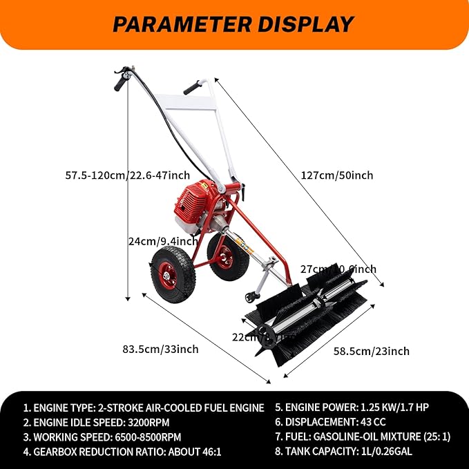 43CC 2-Stroke 1.7HP Portable Gas Power Held Sweeper Broom,1250W Artificial Grass Brush Power Broom Handheld Turf Lawn Sweepers Tool W/ 2Large Wheels for Cleaning Leaves Snow Gravel