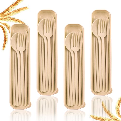 ZGQHZR 4 Sets Reusable Utensils Set with Case,Camping Cutlery Set Travel Silverware Set with Case Lunch Utensils Set for Work,Utensil Sets for Lunch Picnic Daily Use Outdoor (Beige)